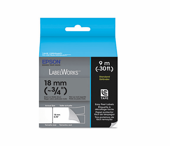 EPSLC5SBE9 LabelWorks Standard LC Tape Cartridge, 3/4", Black on Matte Silver By EPSON AMERICA, INC.