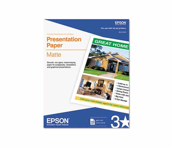 EPSS041062 Matte Presentation Paper, 27 lbs., Matte, 8-1/2 x 11, 100 Sheets/Pack By EPSON AMERICA, INC.