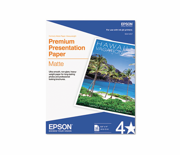 EPSS041257 Premium Matte Presentation Paper, 45 lbs., 8-1/2 x 11, 50 Sheets/Pack By EPSON AMERICA, INC.