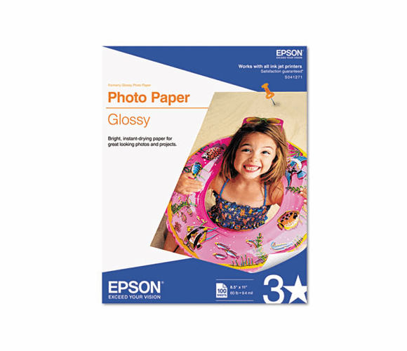 EPSS041271 Glossy Photo Paper, 60 lbs., Glossy, 8-1/2 x 11, 100 Sheets/Pack By EPSON AMERICA, INC.
