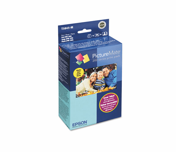 EPST5845M PictureMate Combo Pack 200-Series Ink Cartridge w/100 Matte 4 x 6 Sheets By EPSON AMERICA, INC.