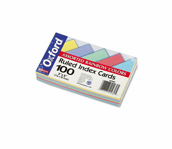 ESS40280 Ruled Index Cards, 3 x 5, Blue/Violet/Canary/Green/Cherry, 100/Pack By ESSELTE PENDAFLEX CORP.