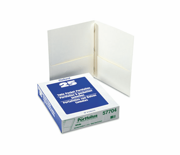 ESS57704 Paper Twin-Pocket Portfolio, Tang Clips, Letter, 1/2" Capacity, White, 25/Box By ESSELTE PENDAFLEX CORP.