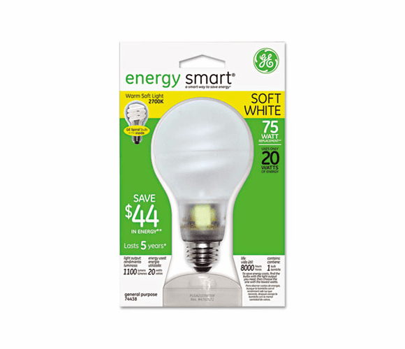 GEL74438 Compact Fluorescent Bulb, 20 Watt, A21 Globe, Soft White By GENERAL ELECTRIC CO.