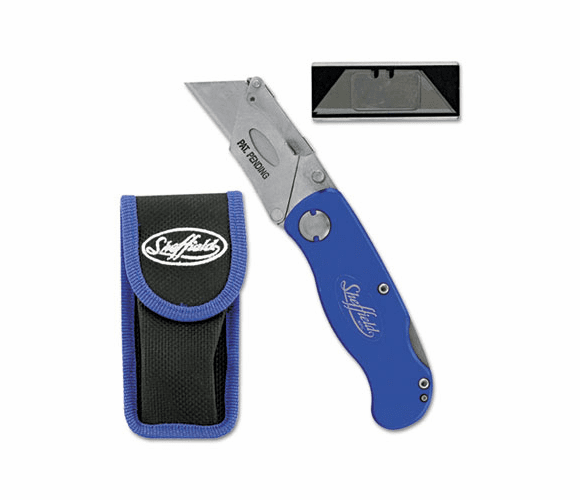 GNS83113 Sheffield Folding Lockback Utility Knife with Pouch, 3 Utility Blades, Blue By GREAT NECK SAW MFG.