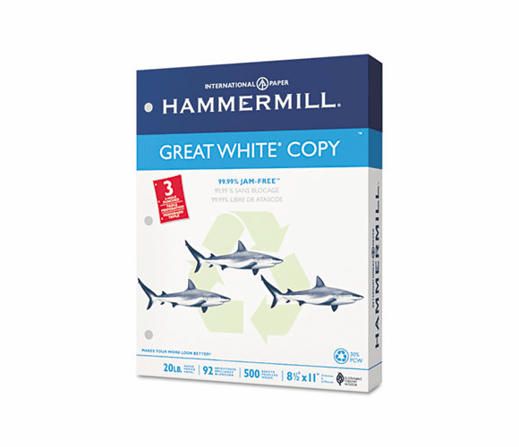 HAM86702 Great White Recycled Copy 3-Hole Punched Ppr, 92 Brightness, 20lb, Ltr, 5000/Ctn By HAMMERMILL/HP EVERYDAY PAPERS