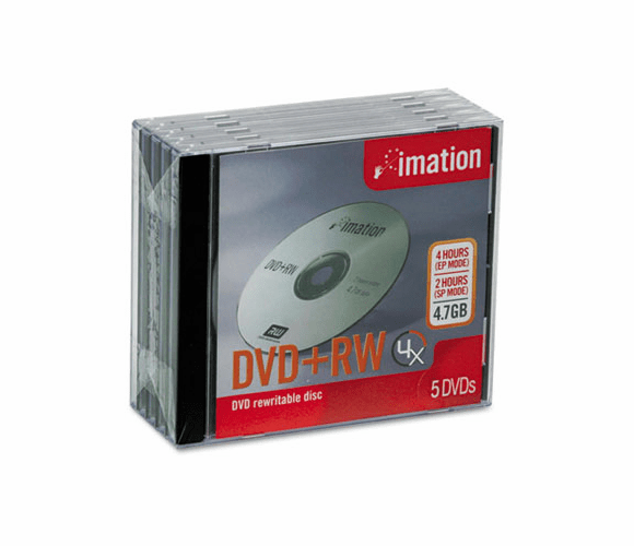 IMN16804 DVD+RW Discs, 4.7GB, 4x, w/Jewel Cases, Silver, 5/Pack By IMATION