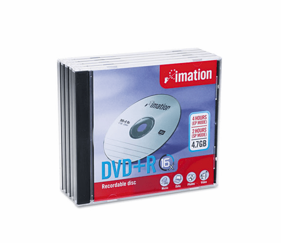 IMN17193 DVD+R Discs, 4.7GB, 16x, w/Jewel Cases, Silver, 5/Pack By IMATION