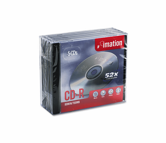 IMN17284 CD-R Discs, 700MB/80min, 52x, w/Jewel Cases, Silver, 5/Pack By IMATION
