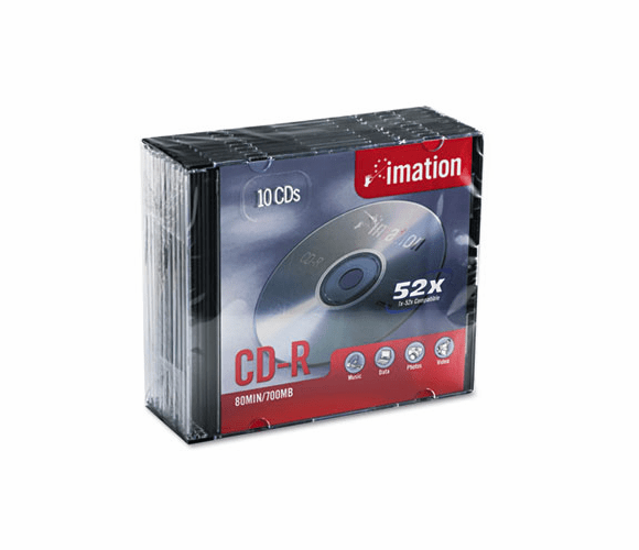 IMN17332 CD-R Discs, 700MB/80min, 52x, w/Slim Jewel Cases, Silver, 10/Pack By IMATION