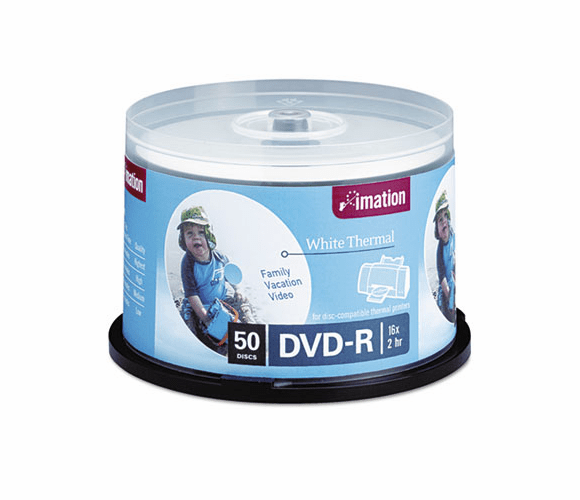 IMN17352 Thermal Printable DVD-R Discs, 4.7GB, 16x, Spindle, White, 50/Pack By IMATION