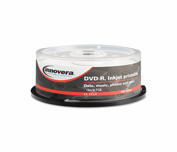 IVR46841 DVD-R Discs, Hub Printable, 4.7GB, 16x, Spindle, Matte White, 25/Pack By INNOVERA