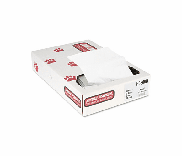 JAGH3860H Heavy Grade Can Liners, 60 gal, 13 mic, 38 x 60, Natural, 200/Carton By JAGUAR PLASTICS