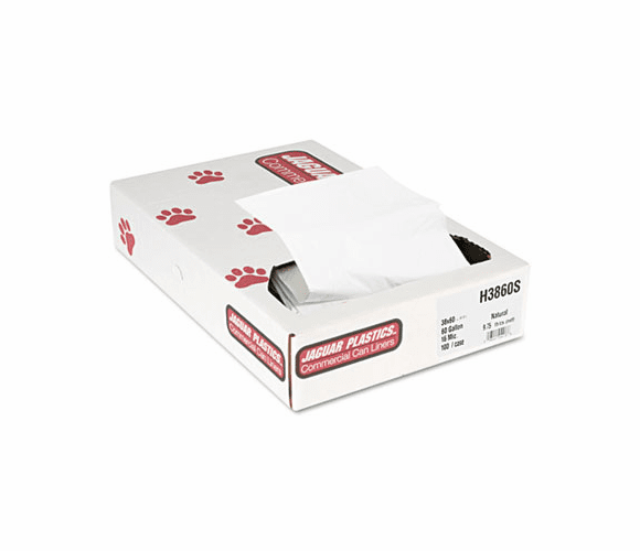 JAGH3860S Super Extra-Heavy Liners, 60 gal, 16 mic, 38 x 60, Natural, 100/Carton By JAGUAR PLASTICS