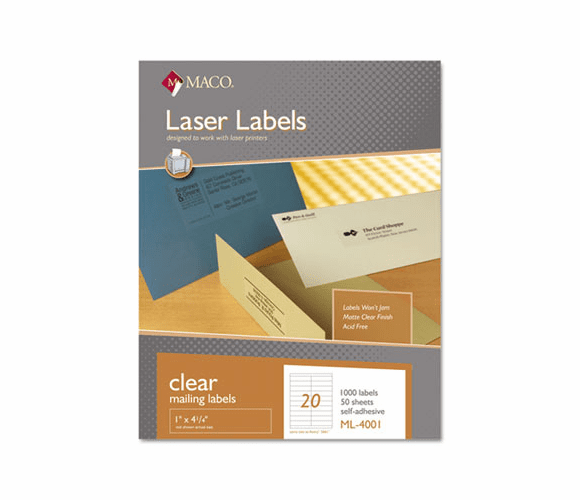 MACML4001 Matte Clear Laser Labels, 1 x 4 1/4, 1000/Box By CHARTPAK/PICKETT