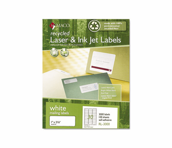 MACRL3000 Recycled Laser and InkJet Labels, 1 x 2-5/8, White, 3000/Box By CHARTPAK/PICKETT