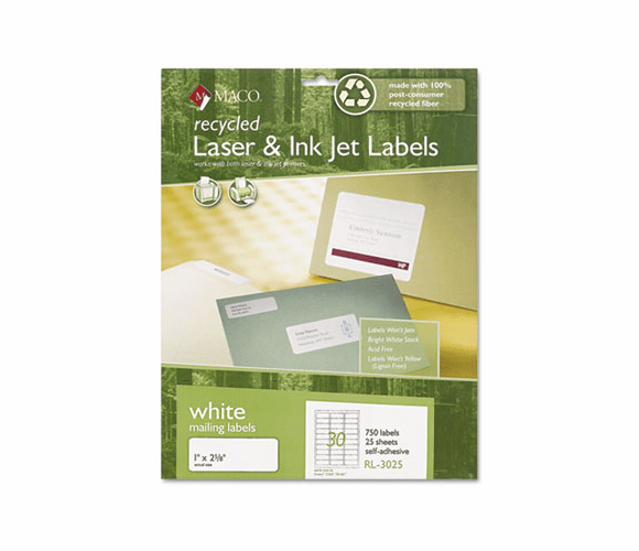 MACRL3025 Recycled Laser and InkJet Labels, 1 x 2-5/8, White, 750/Box By CHARTPAK/PICKETT