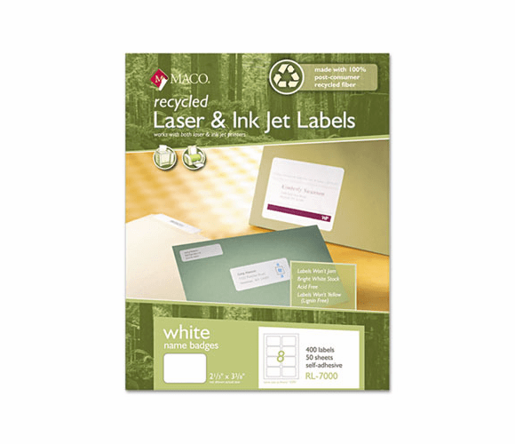 MACRL7000 Recycled Name Badge Labels, 3-3/8 x 2-1/3, White, 400/Box By CHARTPAK/PICKETT
