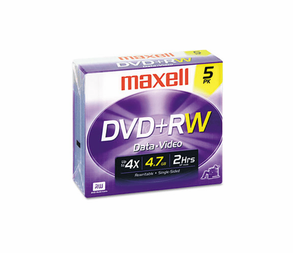 MAX634045 DVD+RW Discs, 4.7GB, 4x, w/Jewel Cases, Silver, 5/Pack By MAXELL CORP. OF AMERICA