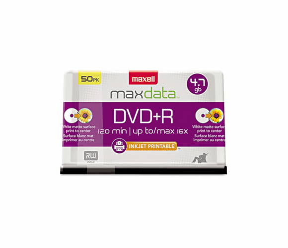 MAX639022 Inkjet Printable DVD+R Discs, 4.7GB, 16x, Spindle, White, 50/Pack By MAXELL CORP. OF AMERICA