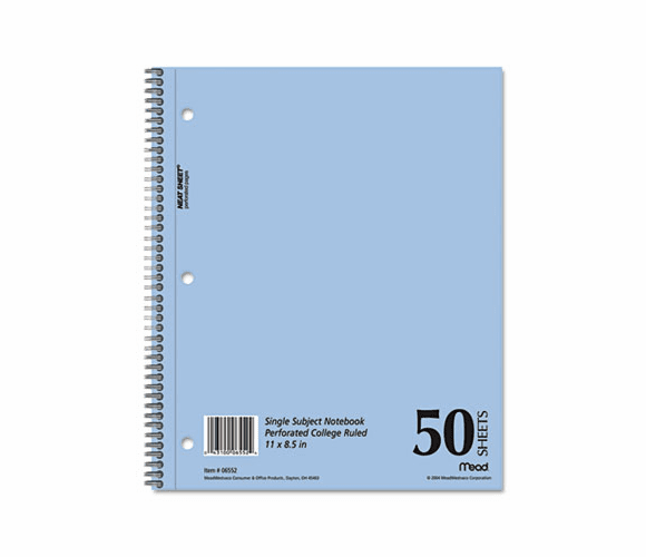 MEA06552 Mid Tier Single Subject Notebook, College Rule, Ltr, White, 50 Sheets/Pad By MEAD PRODUCTS