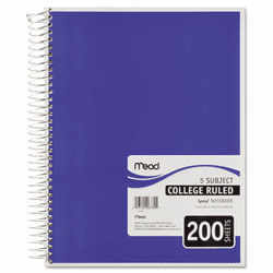 MEA06780 5 Subject Notebook, College Rule, 8-1/2 x 11, White, 200 Sheets/Pad By MEAD PRODUCTS