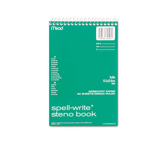 MEA43080 Spell-Write Steno Book, Gregg Rule, 6 x 9, Green, 80 Sheets/Pad By MEAD PRODUCTS