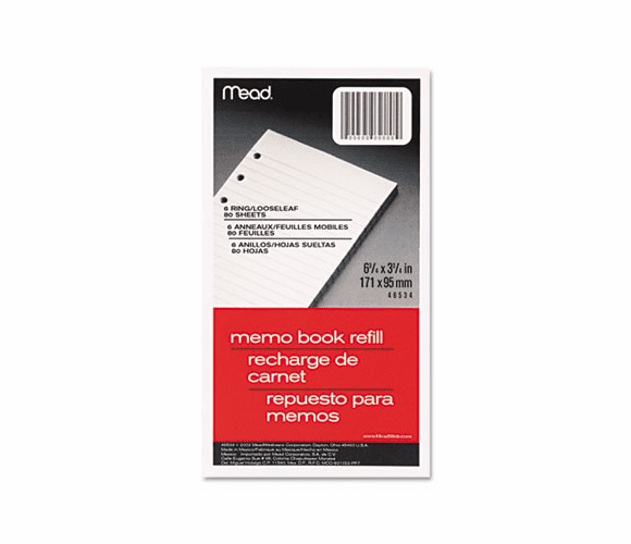 MEA46534 6-Ring Memo Book Refill, College Rule, 6HP, 6-3/4 x 3-3/4, 80 Sheets, White By MEAD PRODUCTS