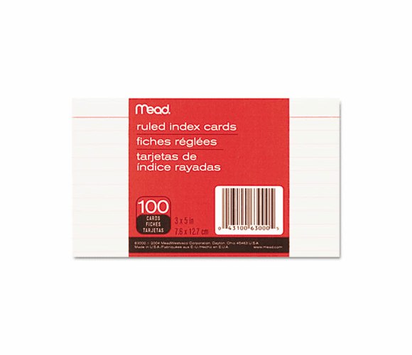 MEA63000 Index Cards, College Ruled, 3 x 5, White, 100/Pack By MEAD PRODUCTS