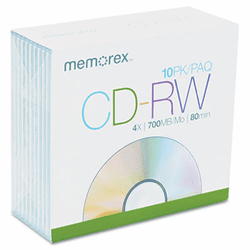 MEM03408 CD-RW Discs, 700MB/80min, 4x, w/Slim Jewel Cases, Silver, 10/Pack By MEMOREX