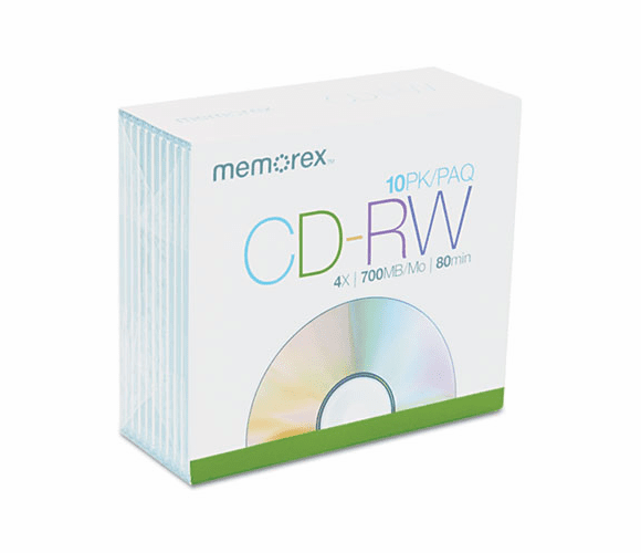 MEM03408 CD-RW Discs, 700MB/80min, 4x, w/Slim Jewel Cases, Silver, 10/Pack By MEMOREX