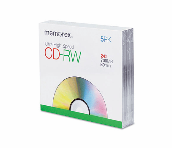 MEM03426 CD-RW Discs, 700MB/80min, 24x, w/Slim Jewel Cases, Silver, 5/Pack By MEMOREX