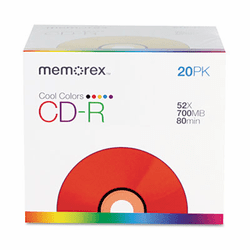 MEM04620 CD-R Discs, 700MB/80min, 48x, Slim Jewel Cases, Assorted Colors, 20/Pack By MEMOREX