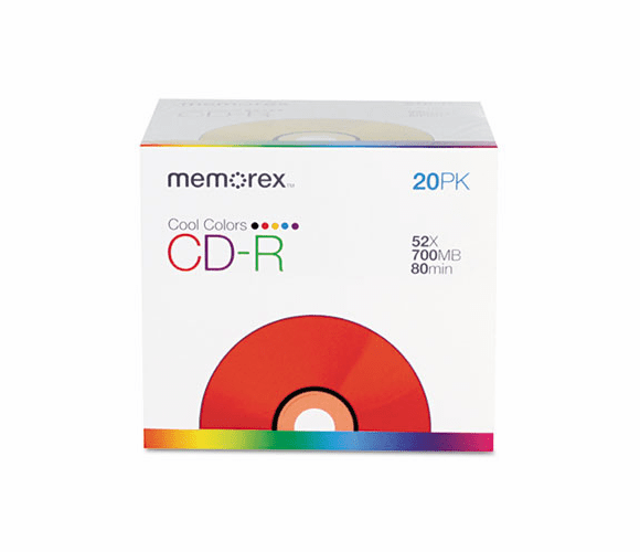 MEM04620 CD-R Discs, 700MB/80min, 48x, Slim Jewel Cases, Assorted Colors, 20/Pack By MEMOREX