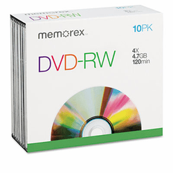 MEM05512 DVD-RW Discs, 4.7GB, 4x, w/Slim Jewel Cases, Silver, 10/Pack By MEMOREX