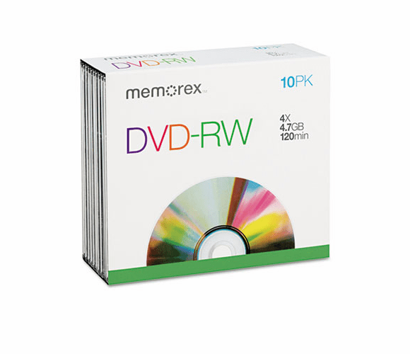 MEM05512 DVD-RW Discs, 4.7GB, 4x, w/Slim Jewel Cases, Silver, 10/Pack By MEMOREX