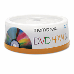 MEM05541 DVD+RW Discs, 4.7GB, 4x, Spindle, Silver, 25/Pack By MEMOREX