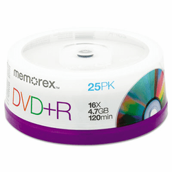 MEM05618 DVD+R Discs, 4.7GB, 16x, Spindle, Silver, 25/Pack By MEMOREX