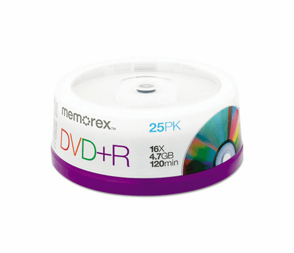 MEM05618 DVD+R Discs, 4.7GB, 16x, Spindle, Silver, 25/Pack By MEMOREX