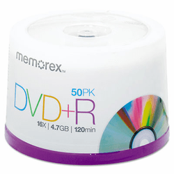 MEM05619 DVD+R Discs, 4.7GB, 16x, Spindle, Silver, 50/Pack By MEMOREX