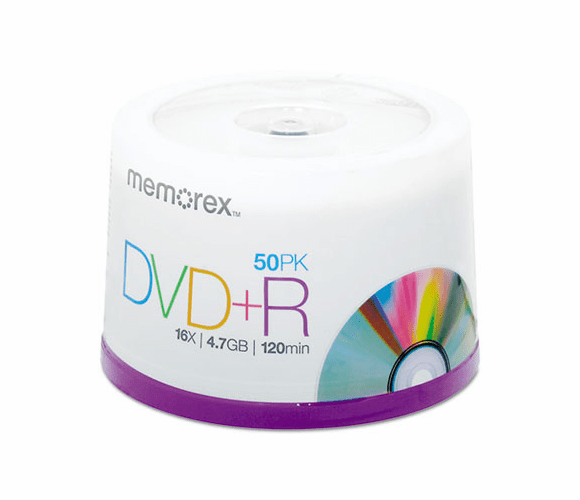 MEM05619 DVD+R Discs, 4.7GB, 16x, Spindle, Silver, 50/Pack By MEMOREX