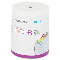MEM05623 Inkjet Printable DVD+R Discs, 4.7GB, 16x, Spindle, Matte White, 100/Pack By MEMOREX