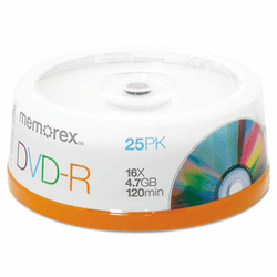 MEM05638 DVD-R Discs, 4.7GB, 16x, Spindle, Silver, 25/Pack By MEMOREX