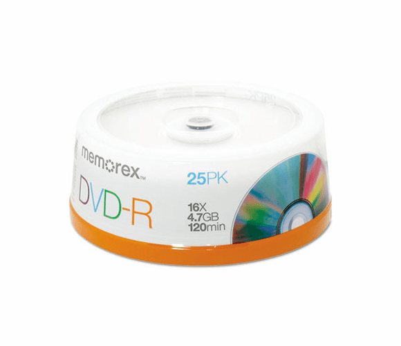 MEM05638 DVD-R Discs, 4.7GB, 16x, Spindle, Silver, 25/Pack By MEMOREX