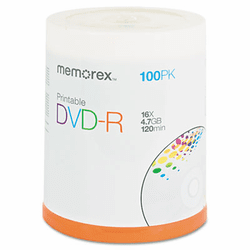 MEM05642 Inkjet Printable DVD-R Discs, 4.7GB, 16x, Spindle, Silver, 100/Pack By MEMOREX