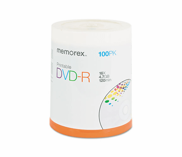 MEM05642 Inkjet Printable DVD-R Discs, 4.7GB, 16x, Spindle, Silver, 100/Pack By MEMOREX