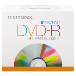 MEM05669 DVD-R Discs, 4.7GB, 16x, w/Slim Jewel Case, Silver, 10/Pack By MEMOREX