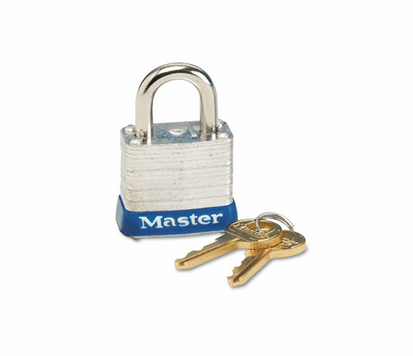 MLK5D Four-Pin Tumbler Laminated Steel Lock, 2" Wide, Silver/Blue, Two Keys By MASTER LOCK COMPANY