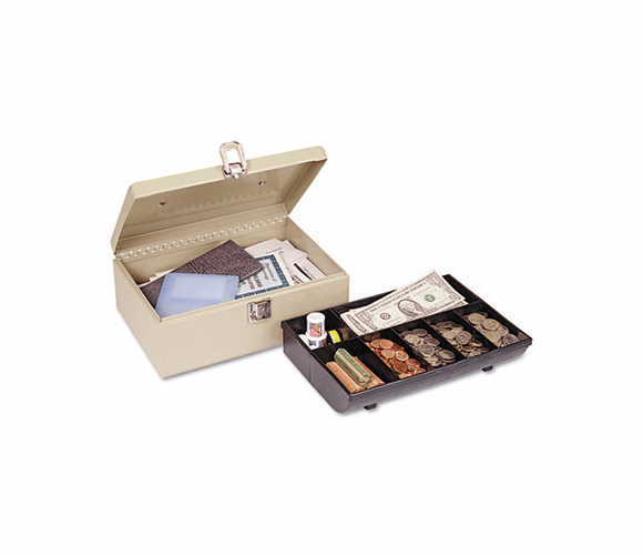 MMF221612003 Heavy-Duty Steel Cash Box w/7 Compartments, Latch Lock, Sand By MMF INDUSTRIES