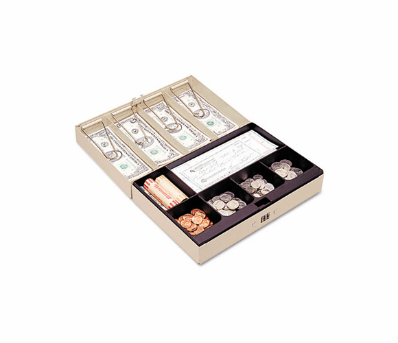 MMF221619003 Heavy-Duty Steel Lay-Flat Cash Box w/6 Compartments, Combination Lock, Sand By MMF INDUSTRIES